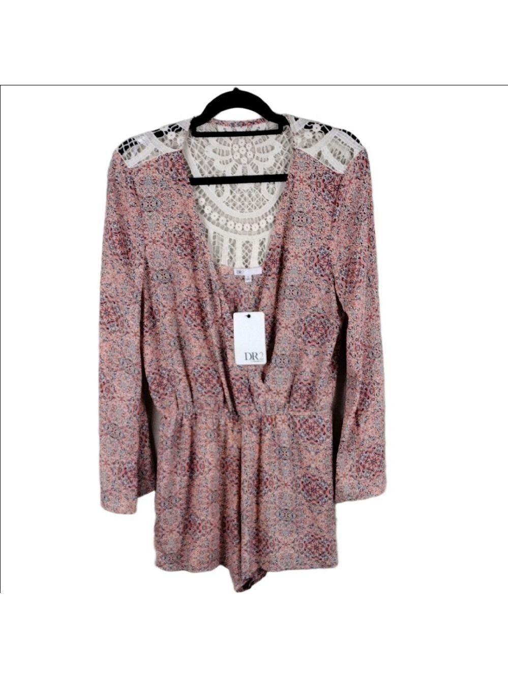 DR2 Pink Multicolor Paisley V-Neck Crossbody Long Flare Sleeve Romper Shorts